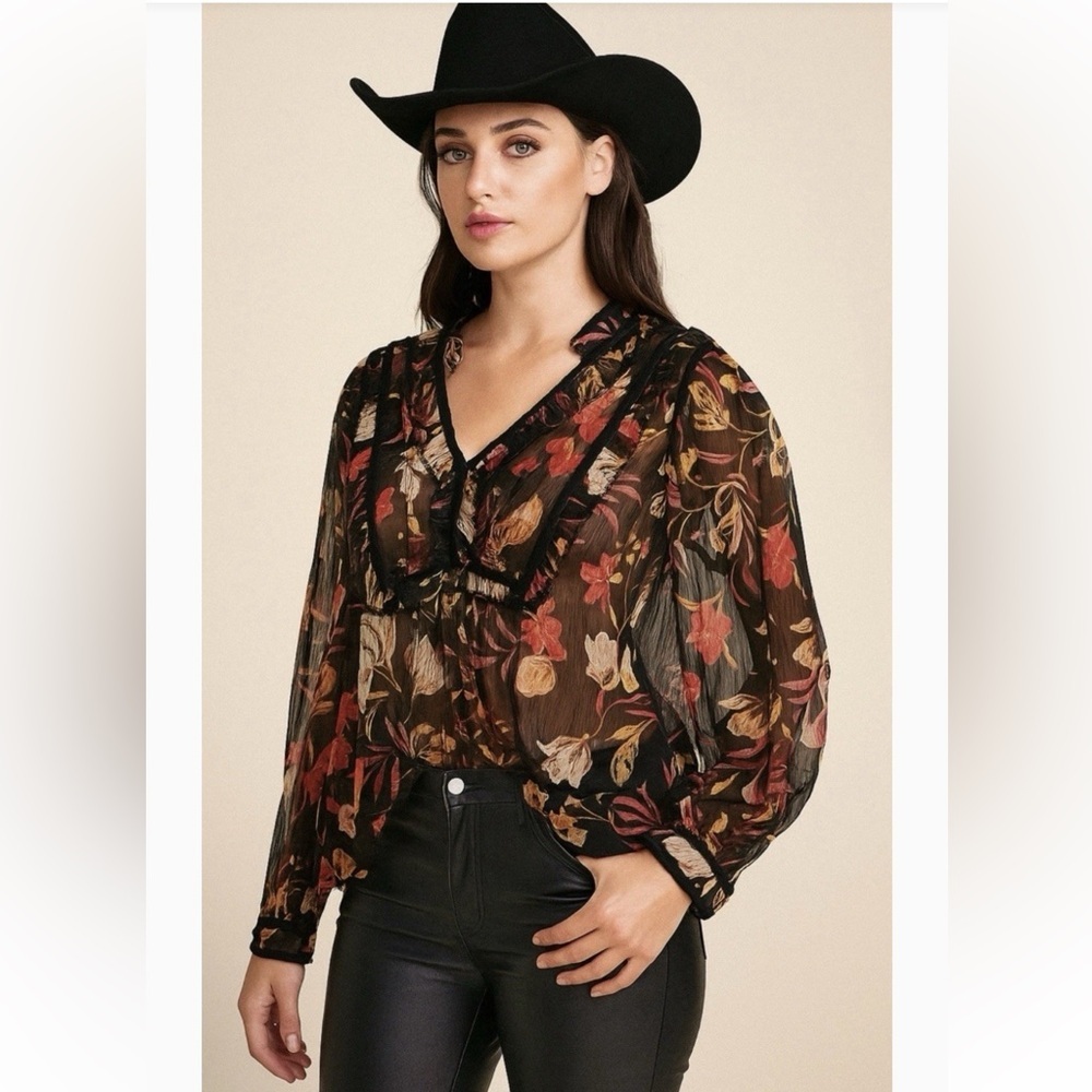 Johnny Was Black Sheer Floral Blouse